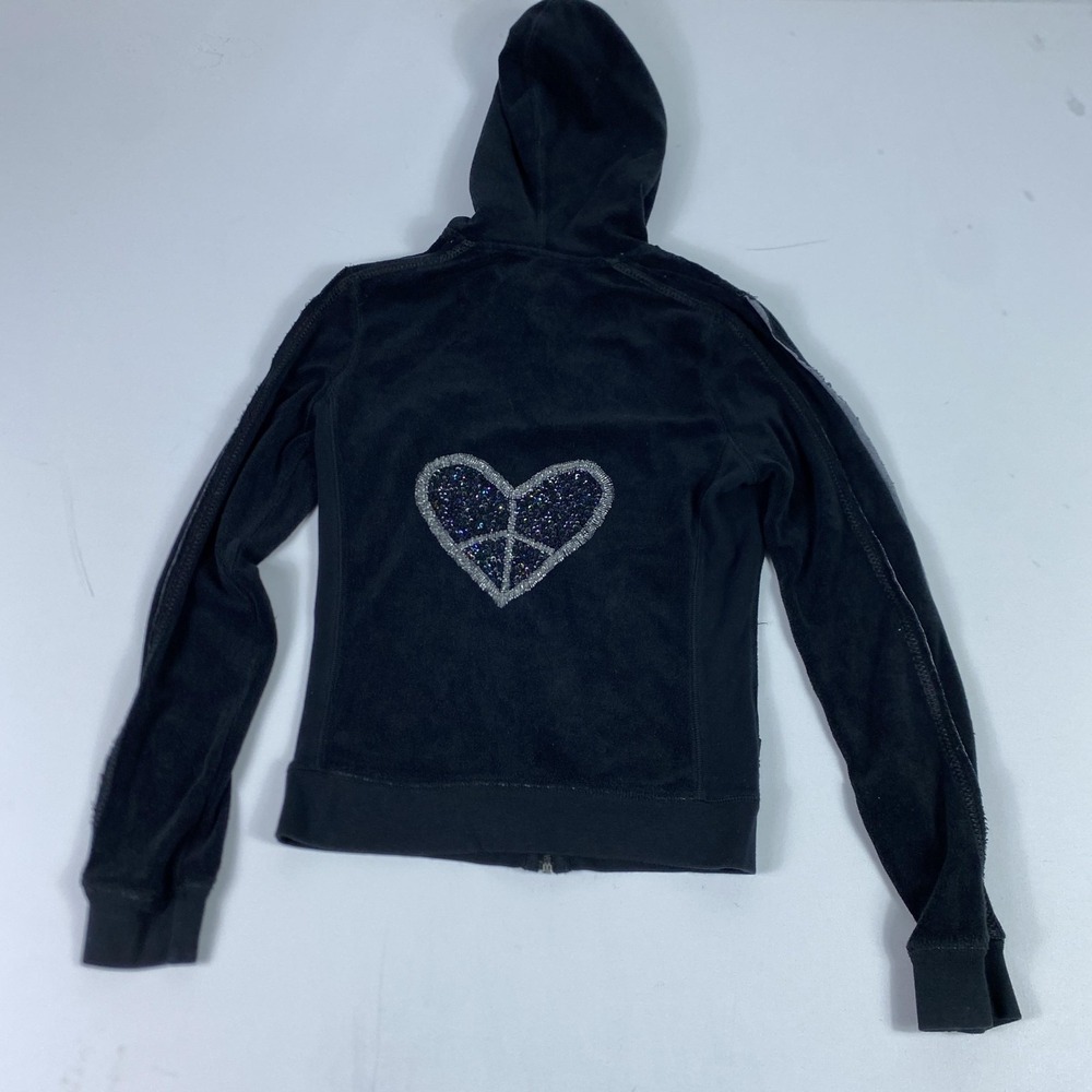 Twisted Heart Hoodie Womens Small Black Velour Beaded Heart Peace Zip Up - Picture 11 of 13
